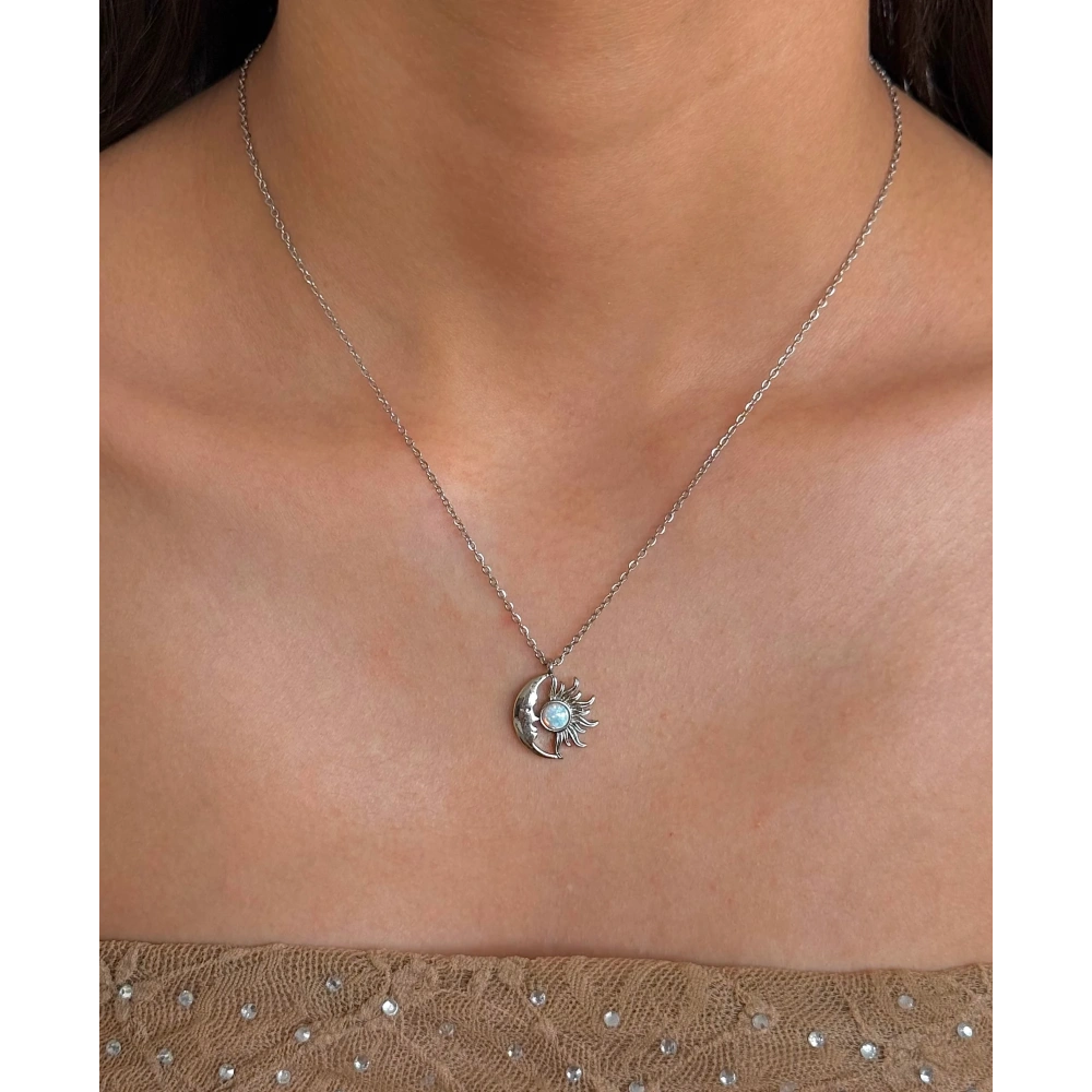Çelik Silver Sun & Moon Kolye