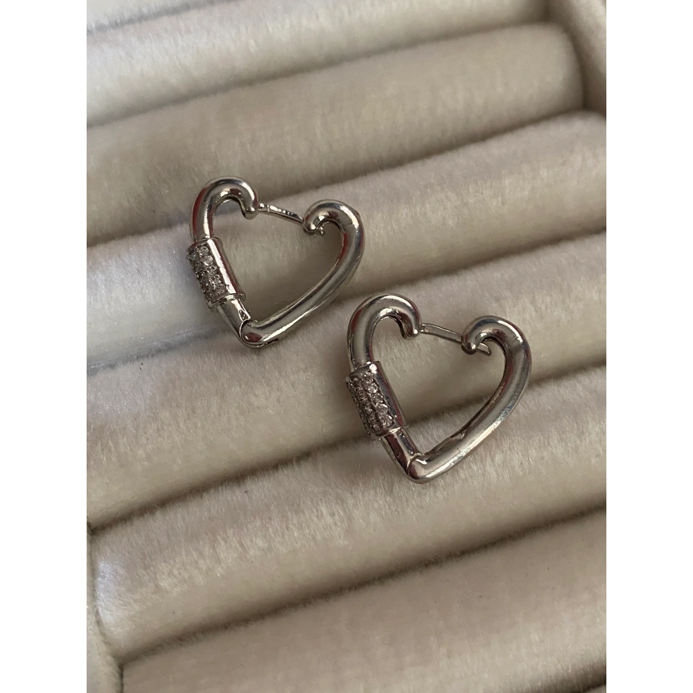 Çelik Silver Taş Detaylı Kalp Küpe