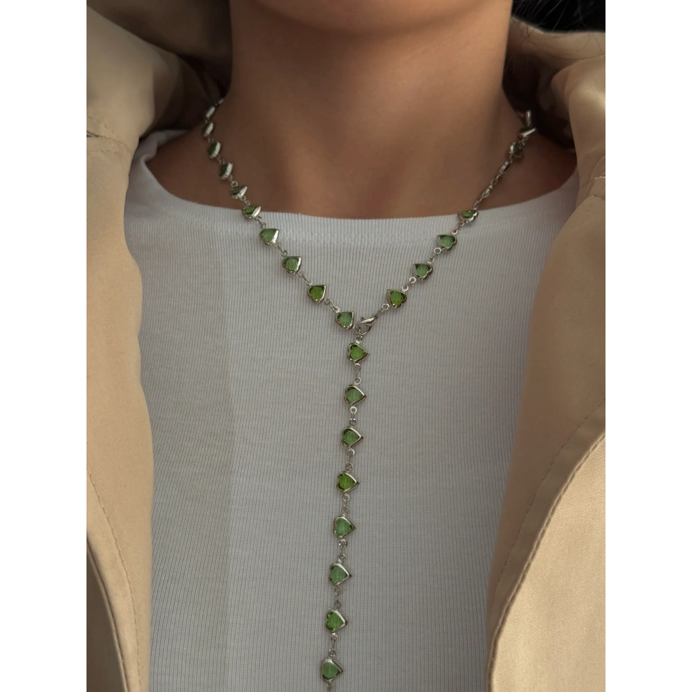 Çelik Silver Yeşil Kalpli Y Kolye