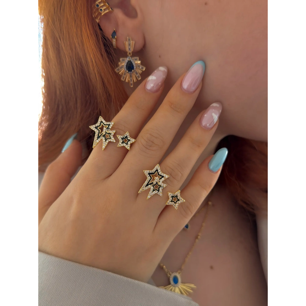 Çelik Siyah Mineli Yıldız Yüzük