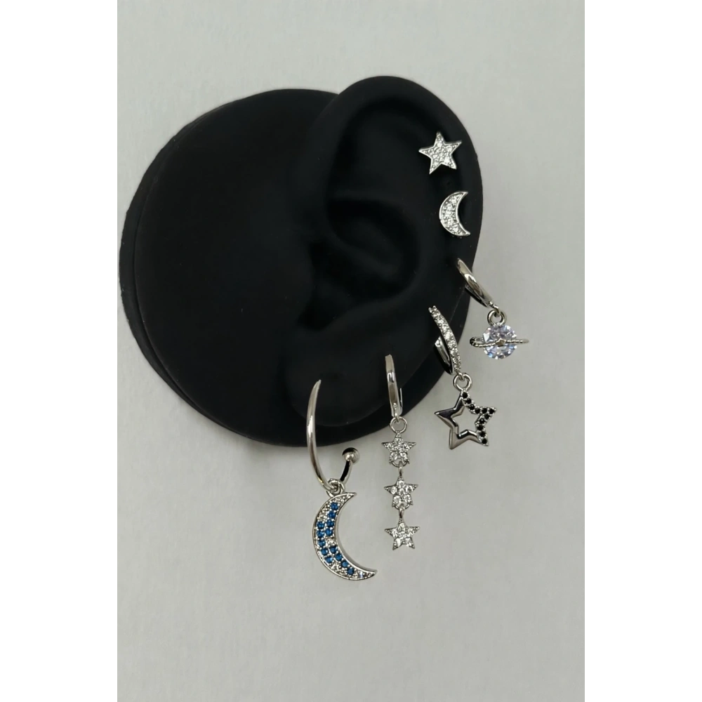 Çelik Uzay Temalı 6 Lı Küpe Seti