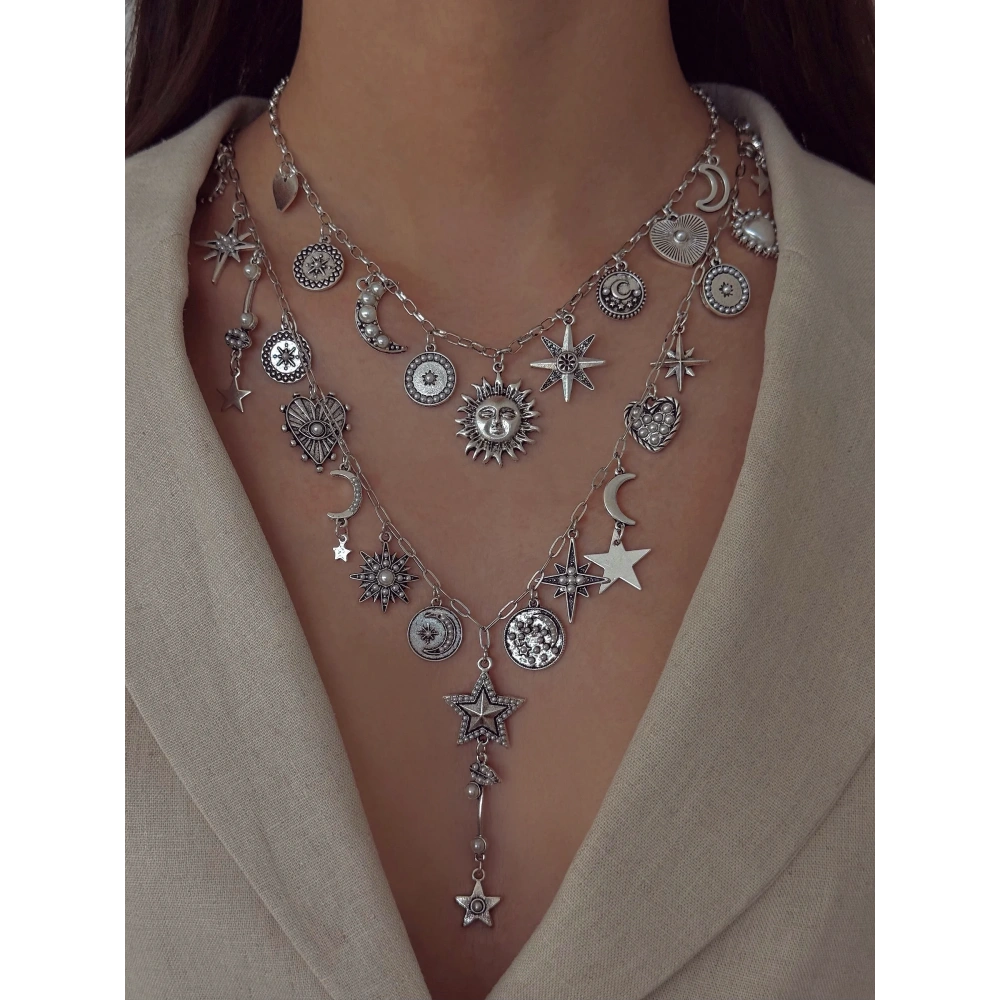 Çelik Vintage Güneş Kolye Seti