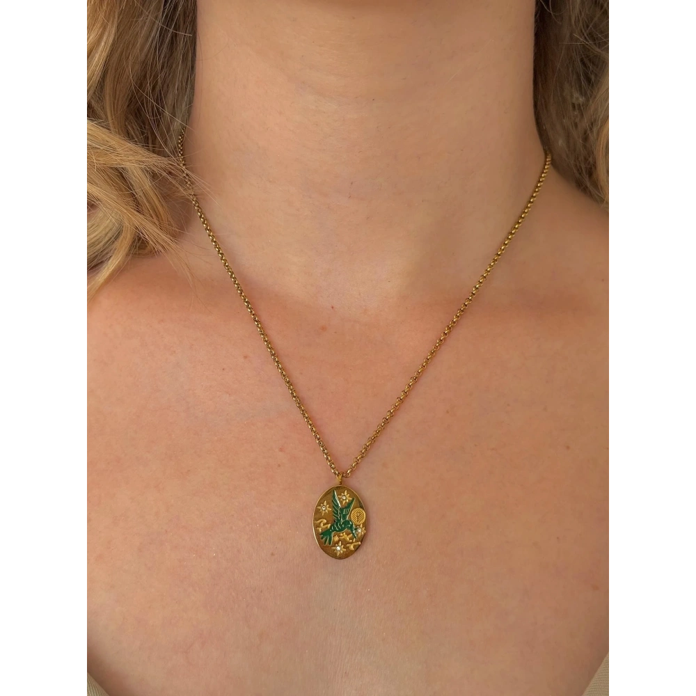 Çelik Yeşil Anka Detay Kolye