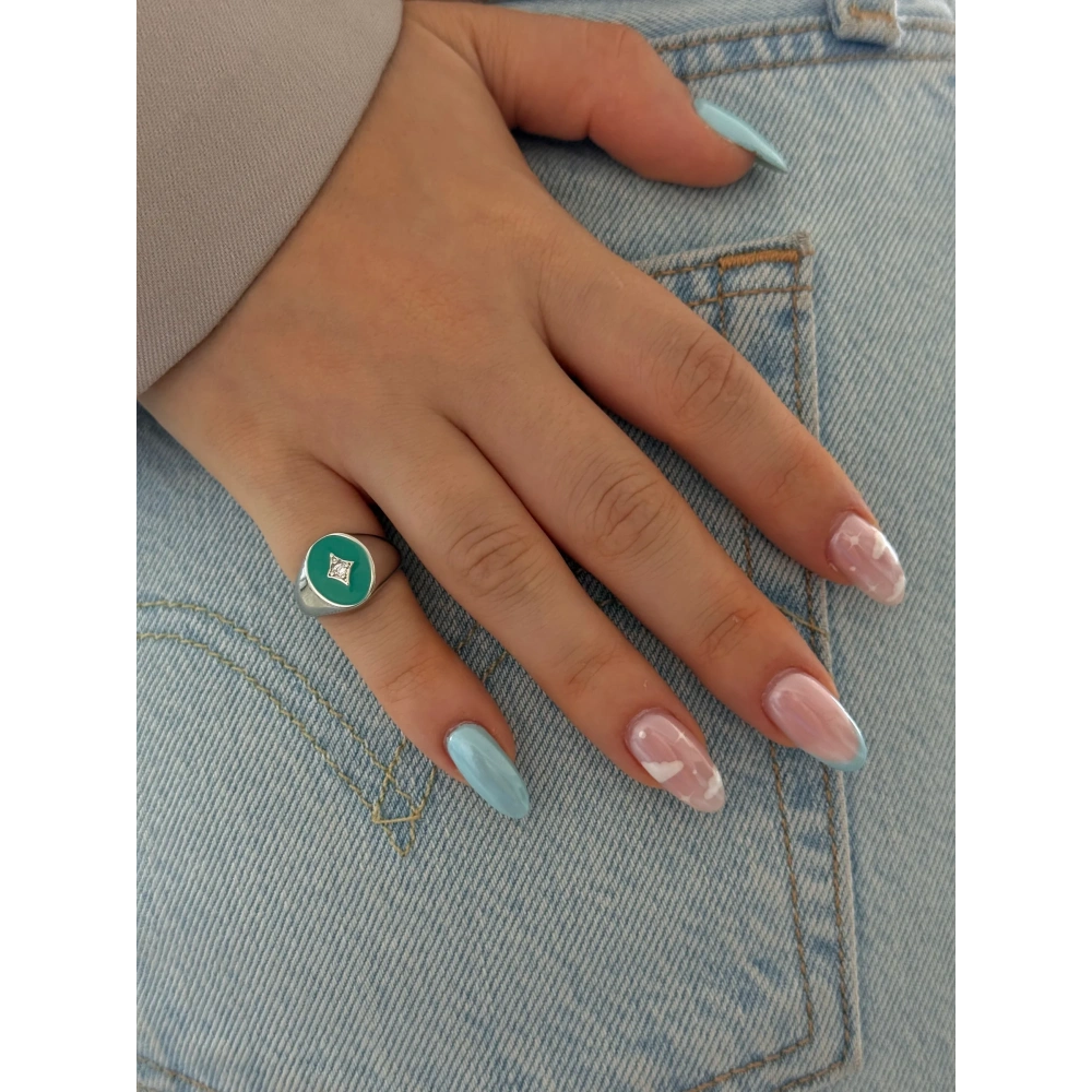 Çelik Yeşil Mineli Serçe Parmak Yüzük