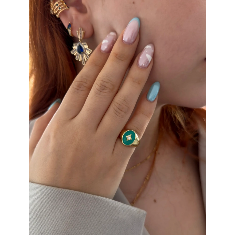 Çelik Yeşil Mineli Serçe Parmak Yüzük