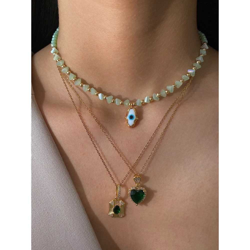 Çelik Yeşil Taşlı Kalp Kolye