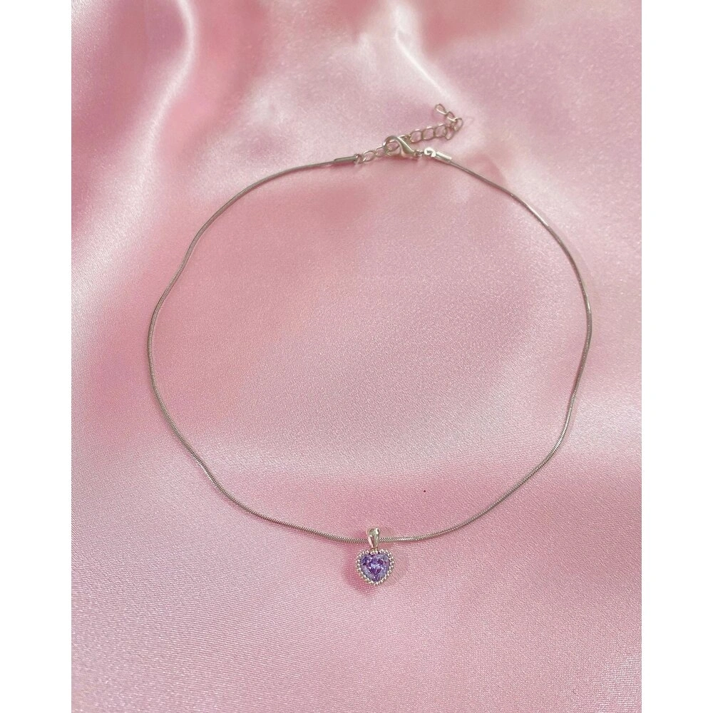 Çelik Zincirli Lila Kalp Choker