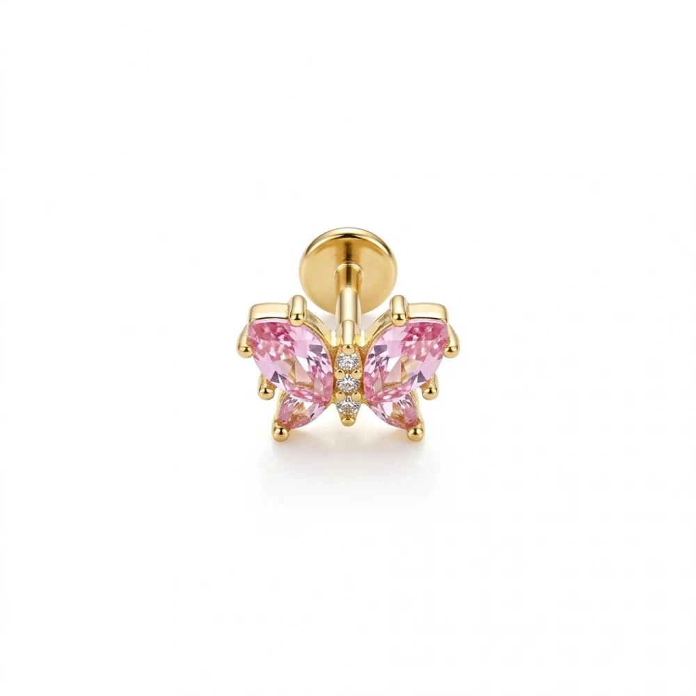 Cerrahi Çelik Gold Pembe Kelebekli Piercing