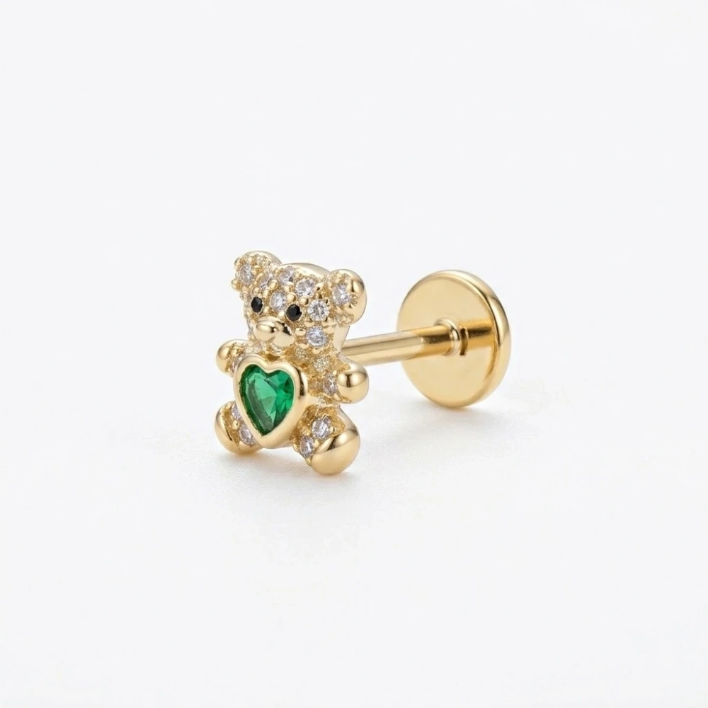 Cerrahi Çelik Gold Yeşil Taşlı Ayıcık Piercing