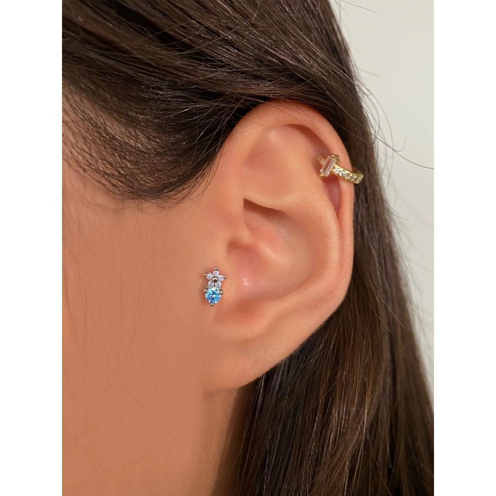 Cerrahi Çelik Silver Mavi Çiçek Detay Tragus Piercing