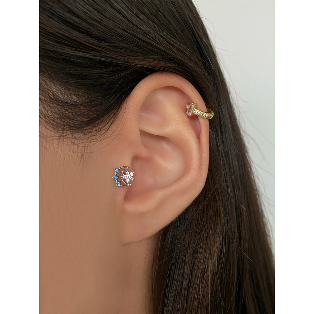 Cerrahi Çelik Silver Mavi Hilal Tragus Piercing