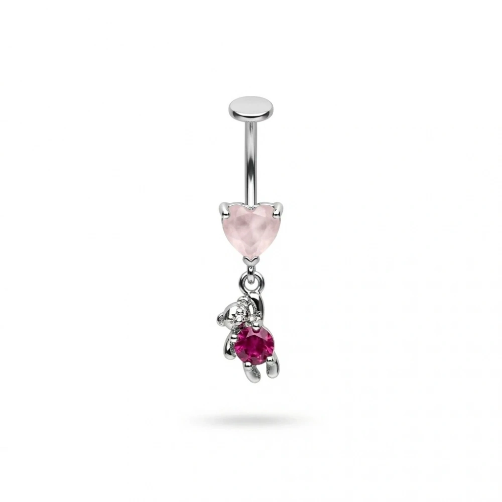 Cerrahi Çelik Silver Pembe Ayıcıklı Piercing