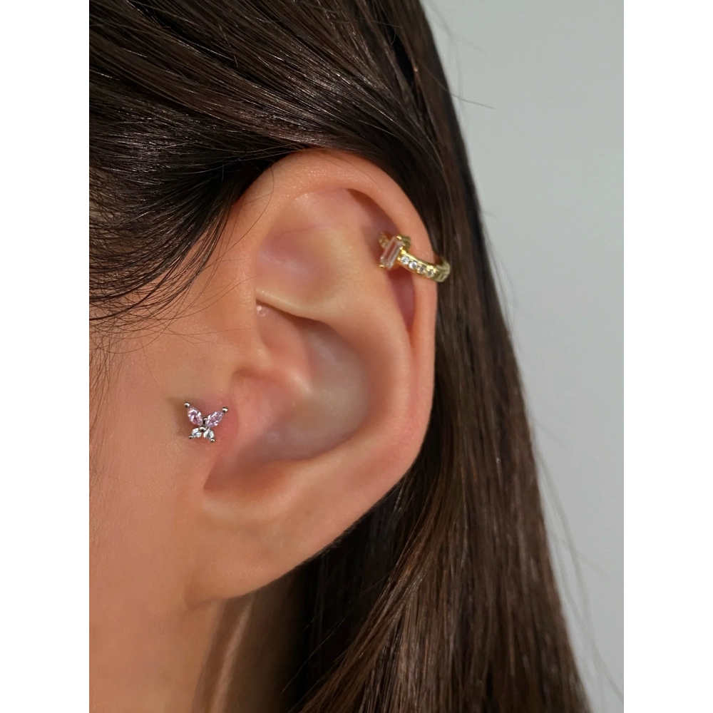 Cerrahi Çelik Silver Pembe Kelebek Tragus Piercing