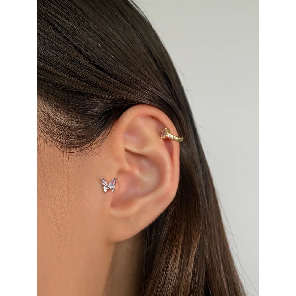 Cerrahi Çelik Silver Pembe Kelebek Tragus Piercing