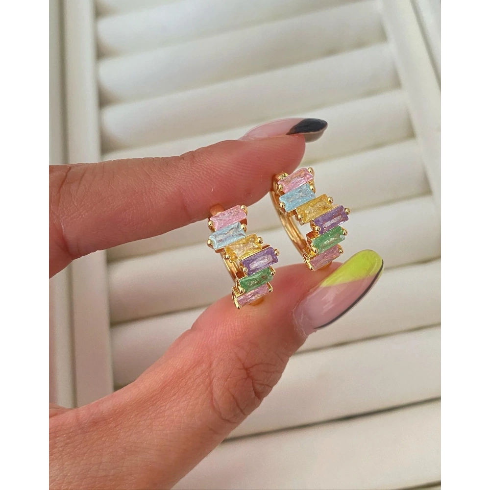 Gold Baget Taşlı Halka Küpe