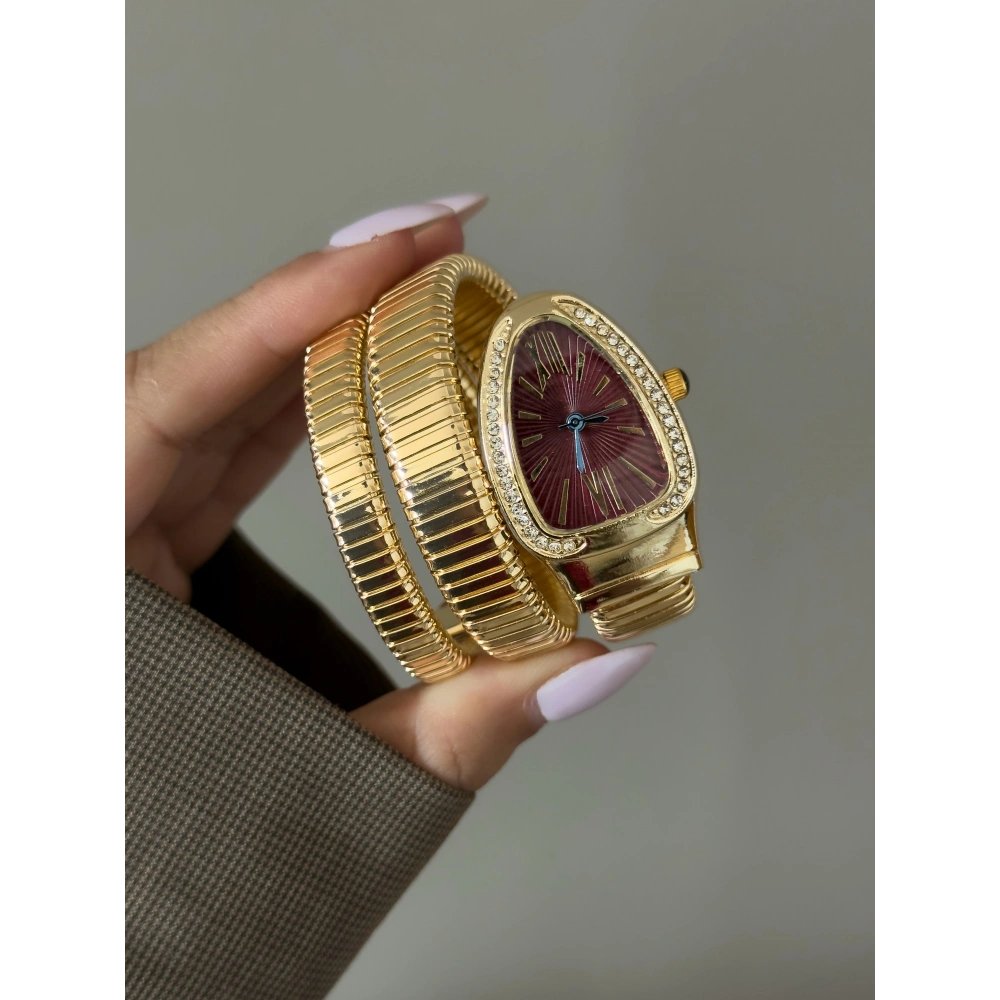 Gold Bordo Kadran Yılan Kol Saati