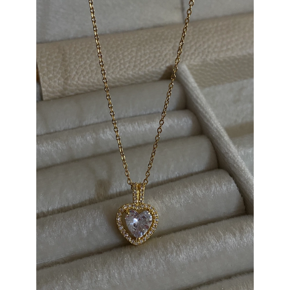 Gold Tek Taşlı Kalp Kolye