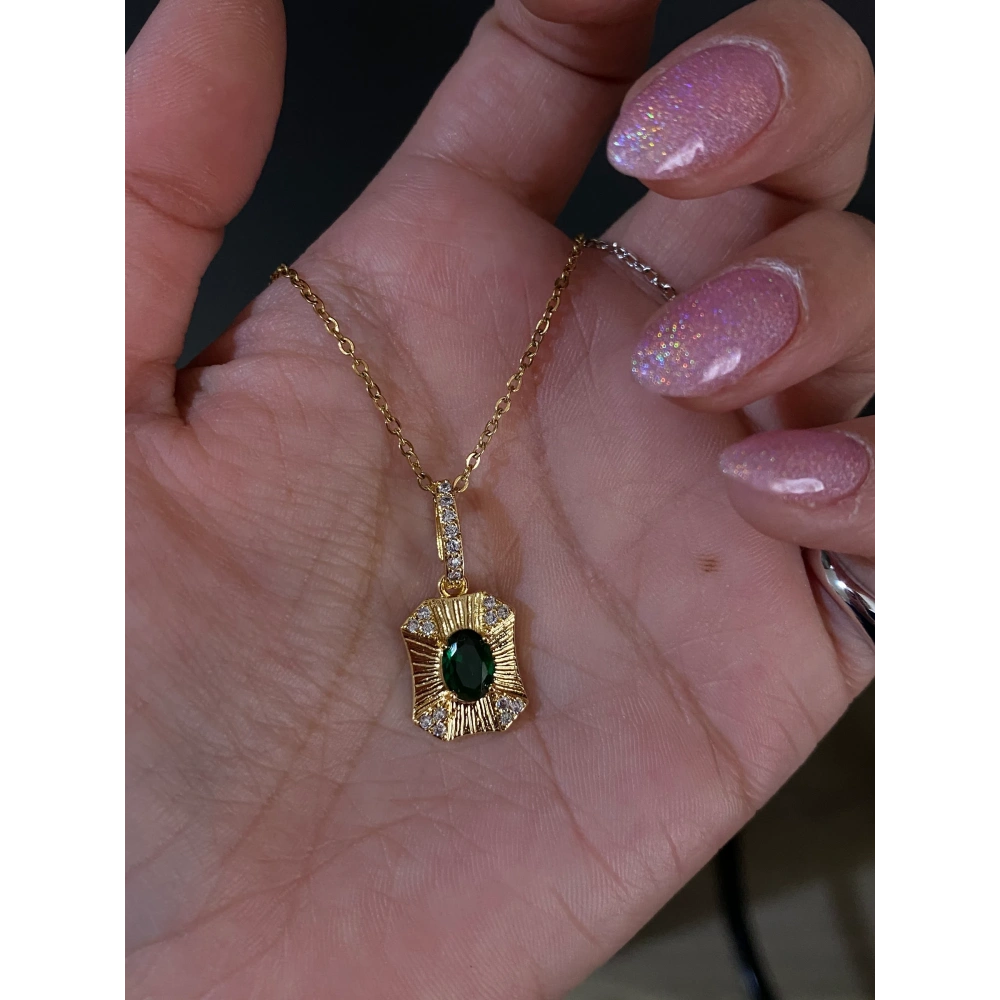 Gold Yeşil Taş Detaylı Kolye