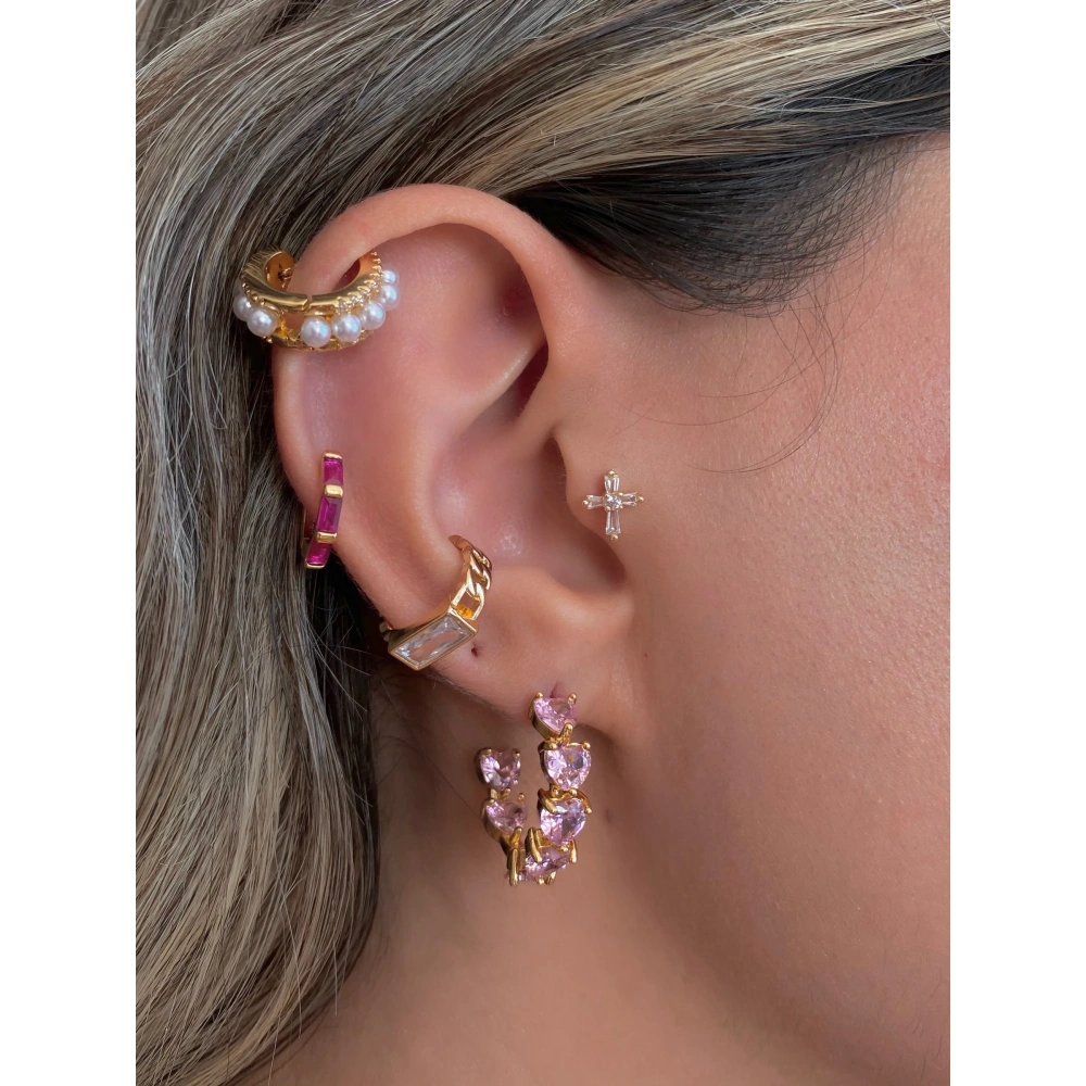 İthal Gold Pembe Kalp Taşlı Halka Küpe