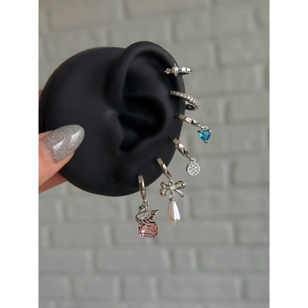 Kuğu Detaylı Silver 6 Lı Küpe Seti