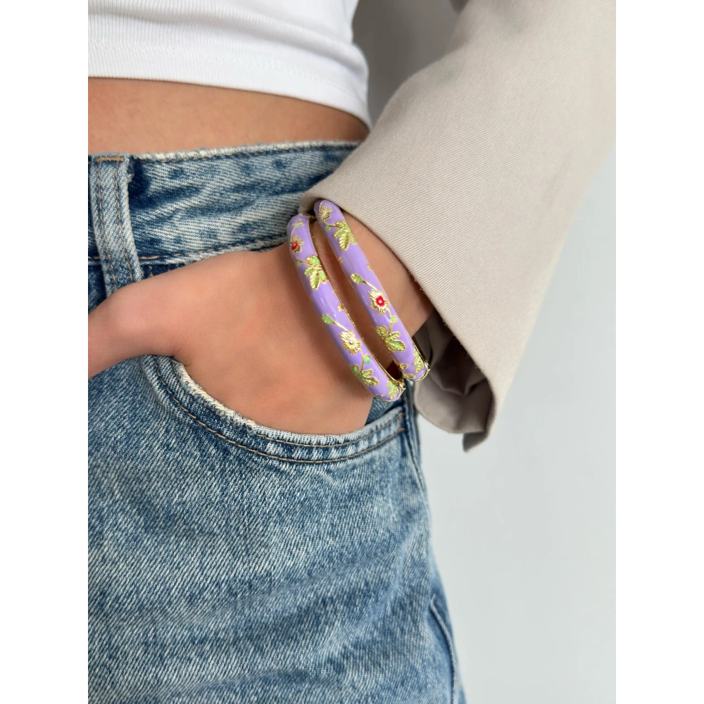 Lila Çiçekli Mineli Kelepçe Bileklik