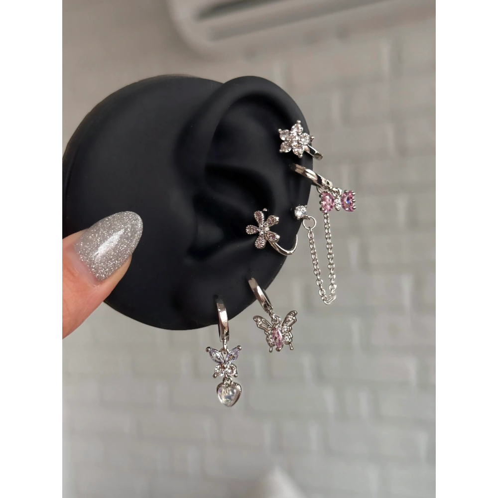 Lila Kelebekli 6 Lı Küpe Seti