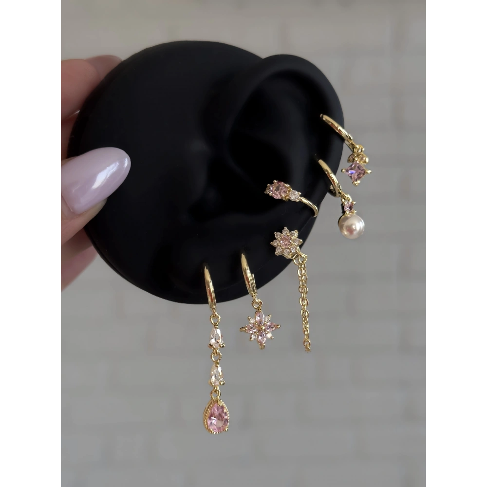 Gold Pembe Earcuff Detaylı 6 Lı Küpe Seti