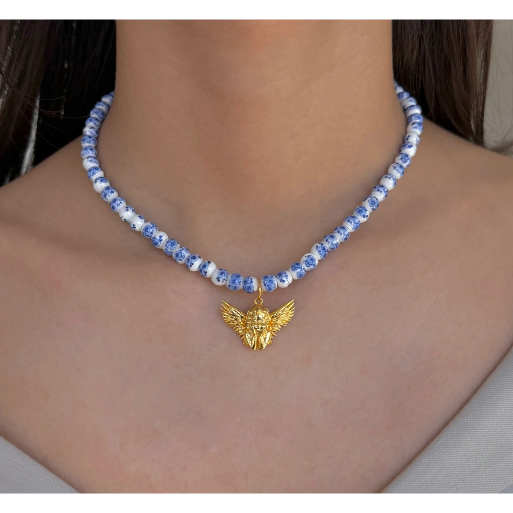 Melek Detaylı Mavi Tasarım Kolye
