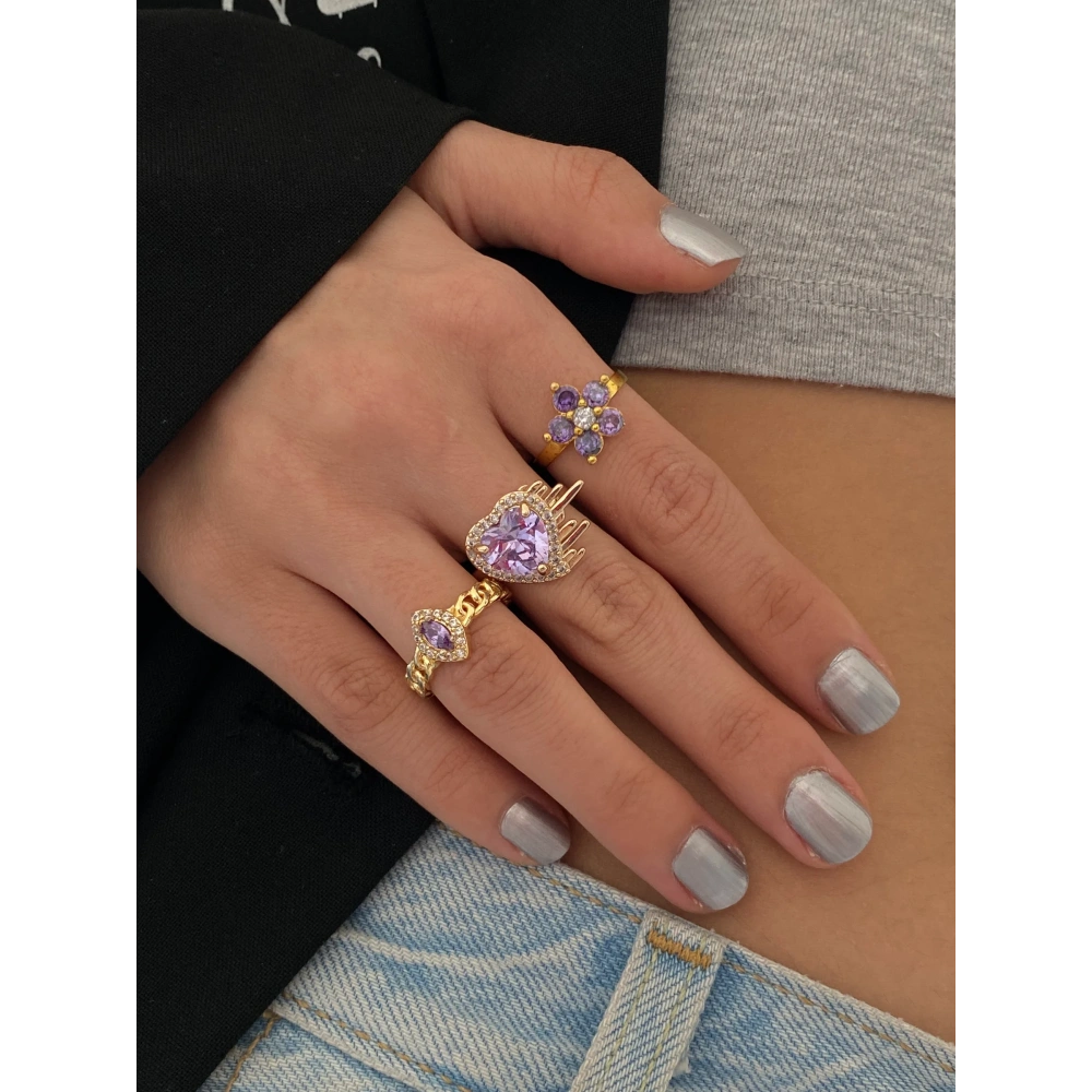 Mor Taşlı Yüzük Seti
