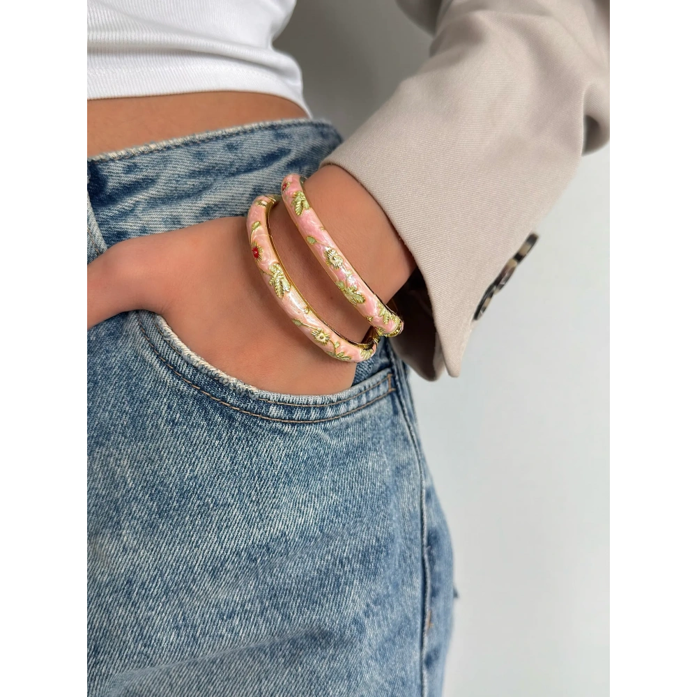 Pembe Çiçekli Mineli Kelepçe Bileklik