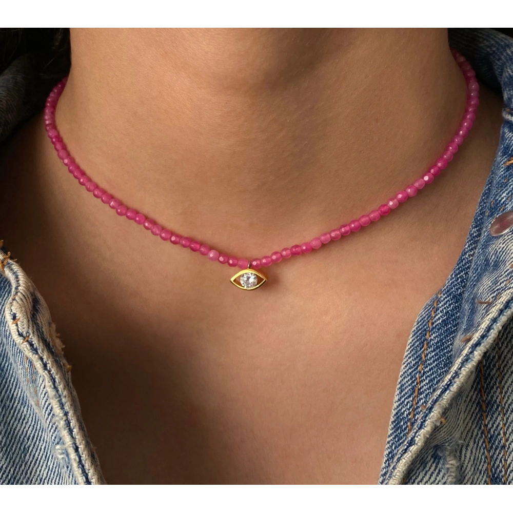 Pembe Kuvarsta Göz Kolye