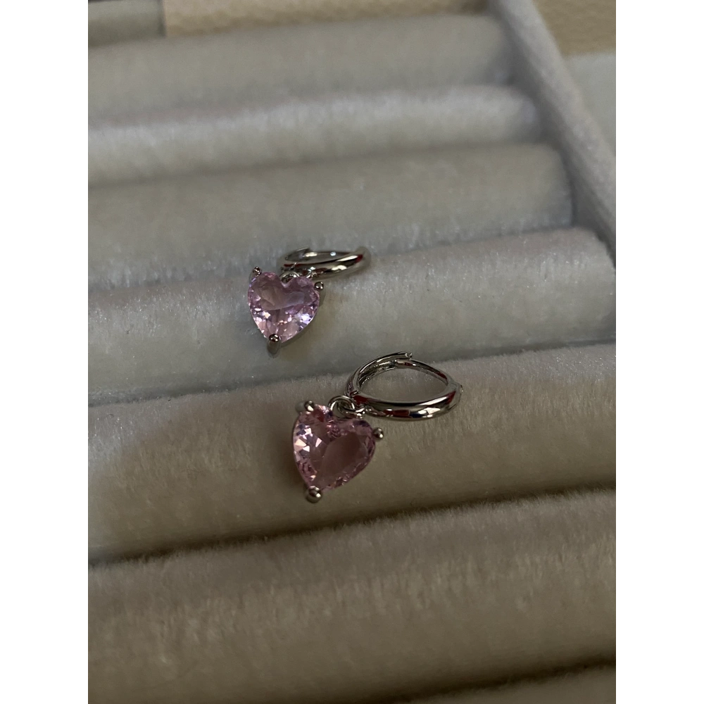 Pembe Swarovski Taşlı Silver Kalpli Küpe