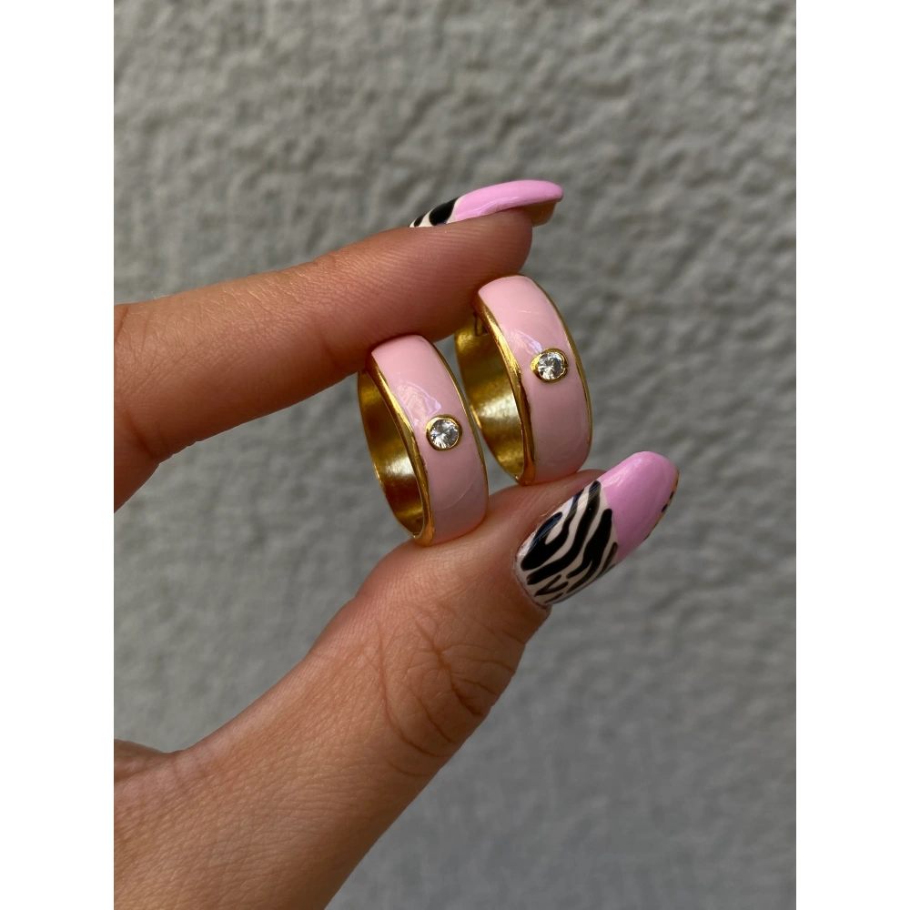 Pembe Taş Detaylı Halka Küpe