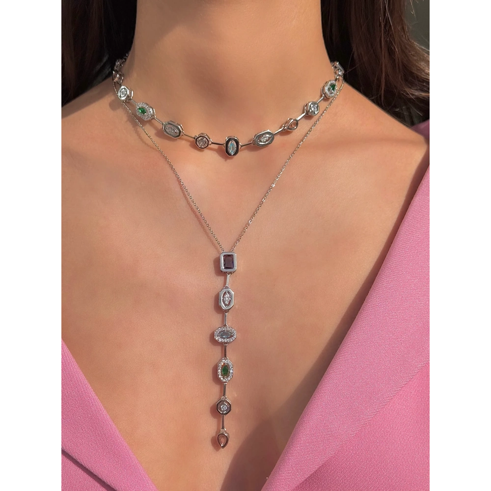 Renkli Silver Baget Taşlı Kolye