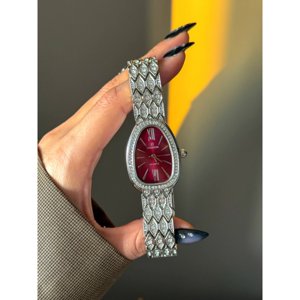 Silver Bordo Taşlı Kol Saati