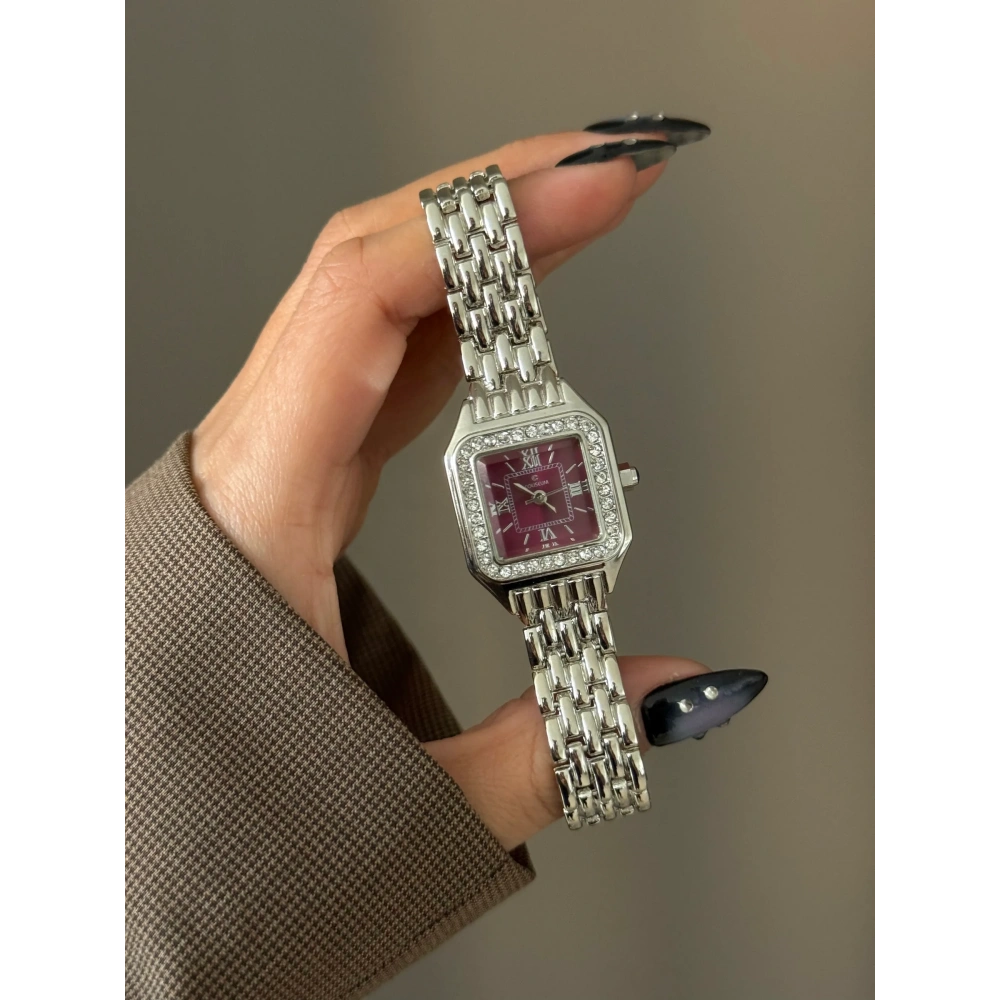 Silver Bordo Taşlı Kol Saati