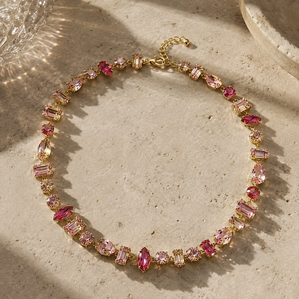 Gold Fuşya Baget Taşlı Choker