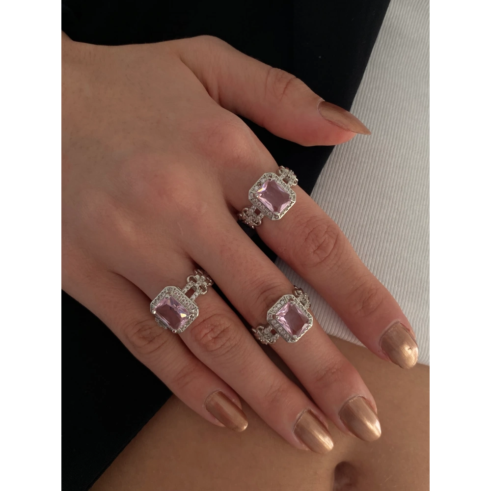 Silver Pembe Baget Taşlı Yüzük