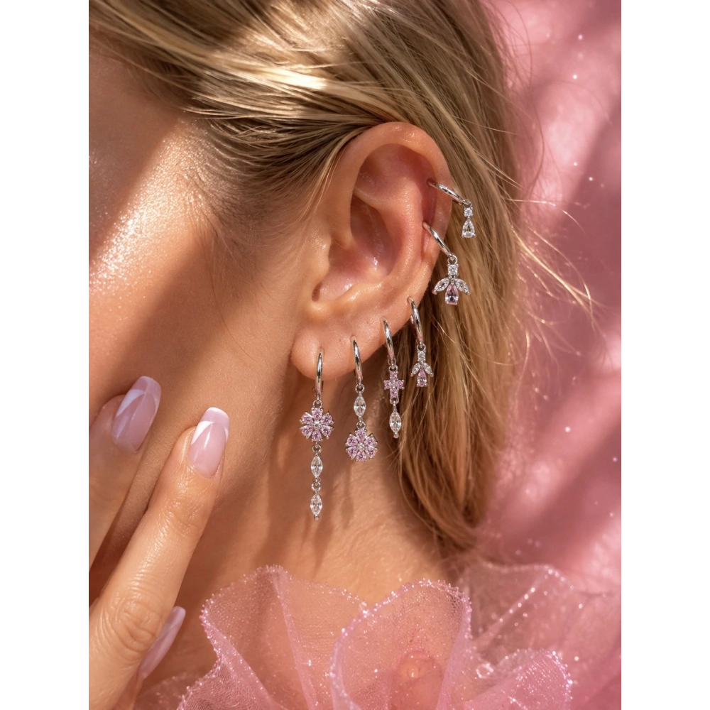 Silver Pembe Çiçek Detaylı 6 Lı Küpe Seti