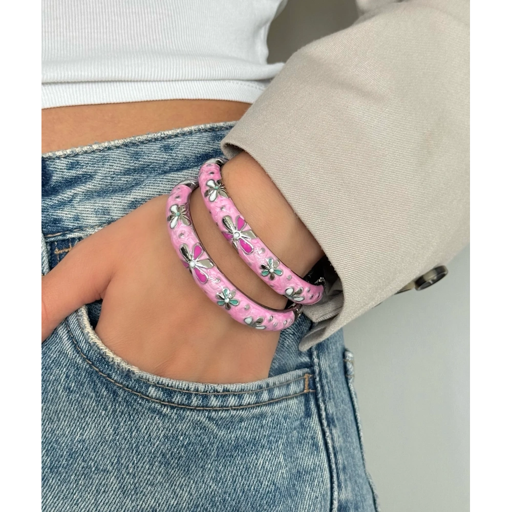 Silver Pembe Çiçek Mineli Kelepçe Bileklik