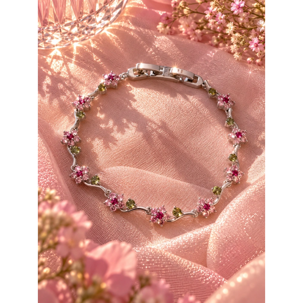 Silver Pembe Çiçekli Bileklik