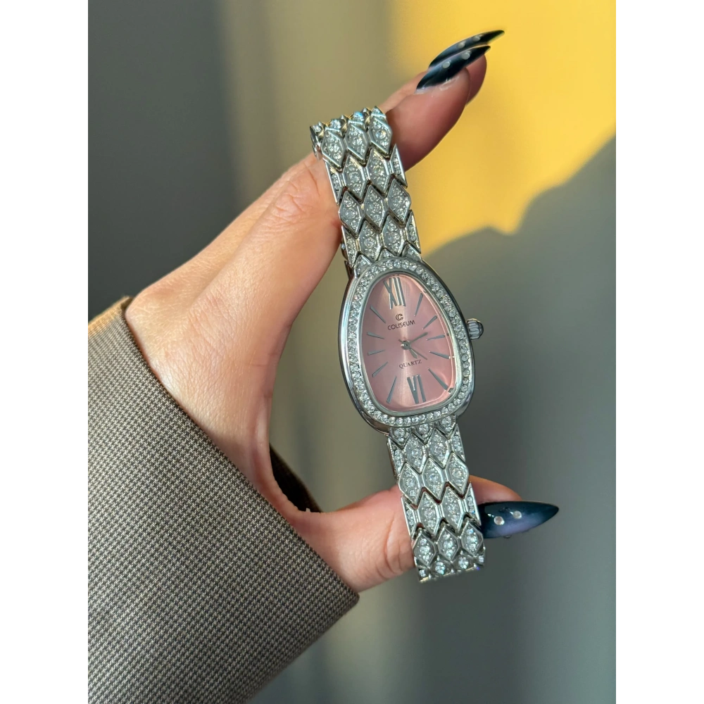 Silver Pembe Kadran Taşlı Kol Saati