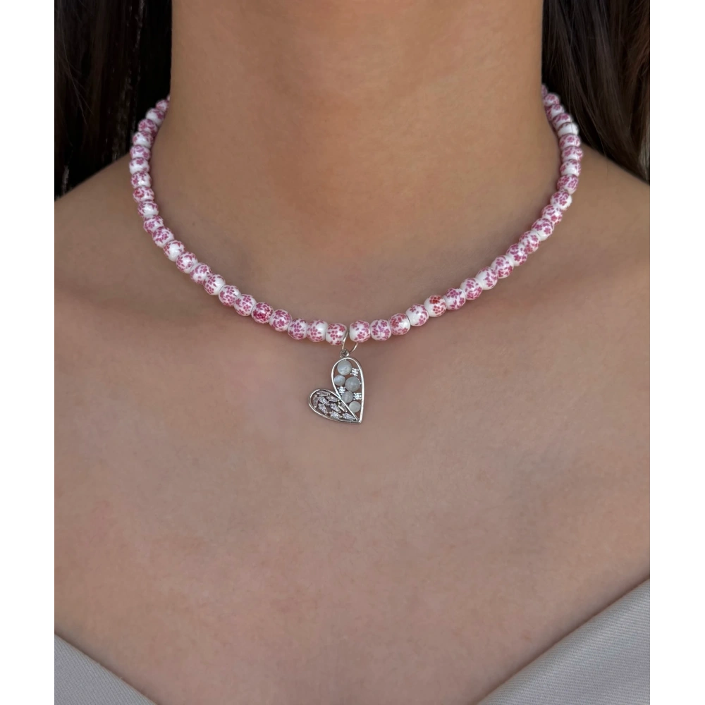 Silver Pembe Kalp Detay Kolye