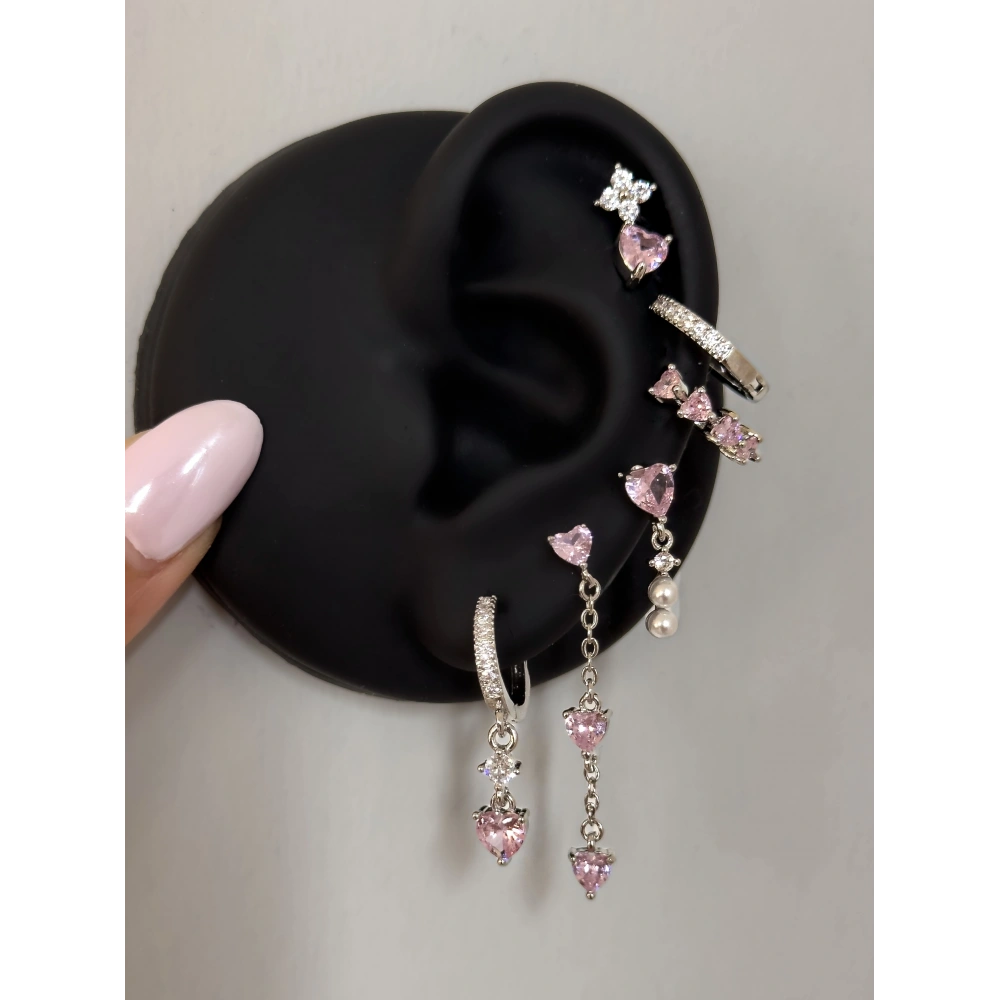 Silver Pembe Kalp Detaylı 6 Lı Küpe Seti
