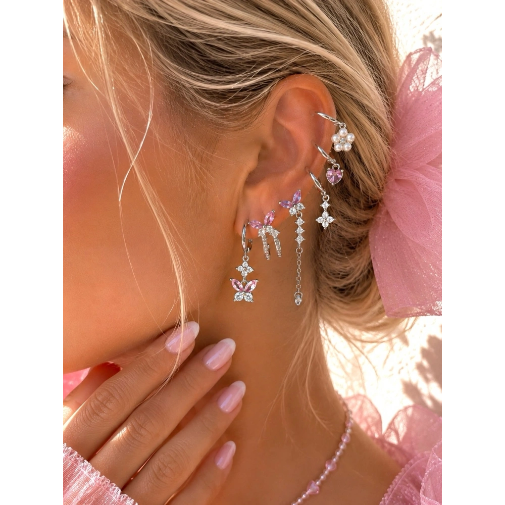 Silver Pembe Kelebek Detaylı 6 Lı Küpe Seti