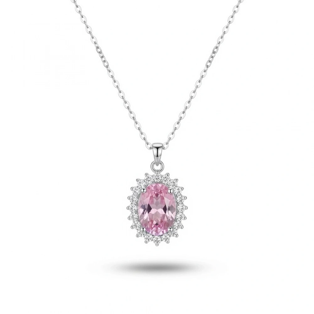 Silver Pembe Oval Taşlı  Kolye