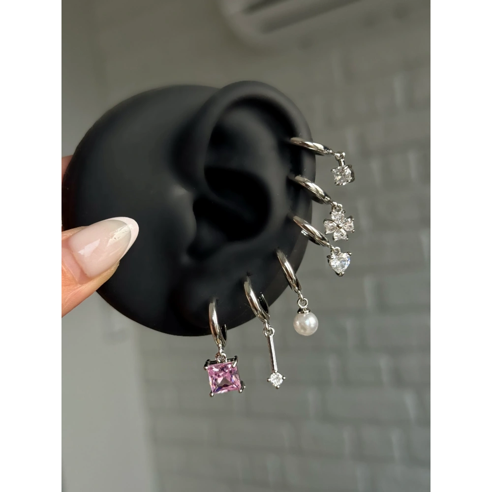 Silver Pembe Taşlı 6 Lı Küpe Seti