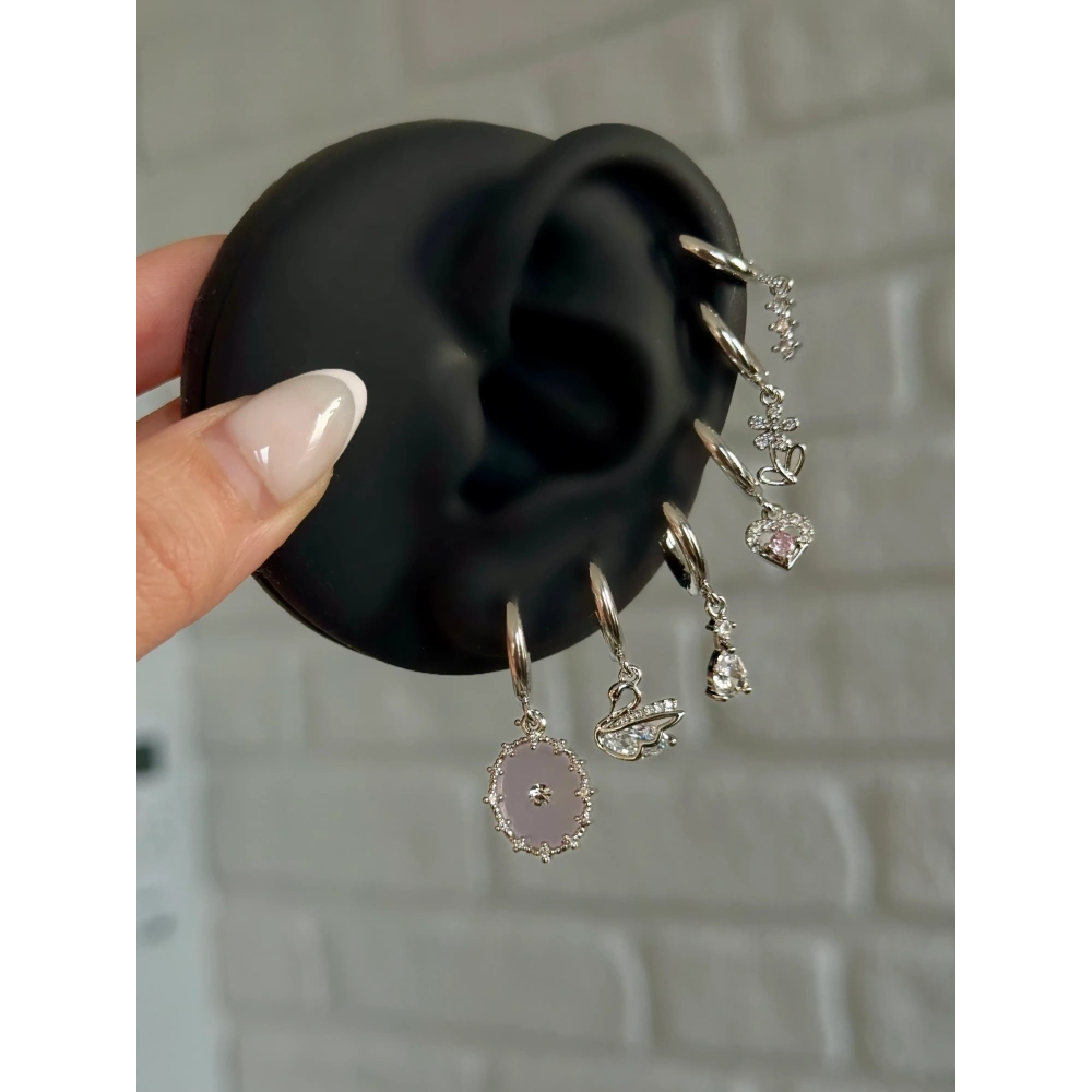 Silver Pembe Taşlı Kuğu Detay 6 Lı Küpe Seti