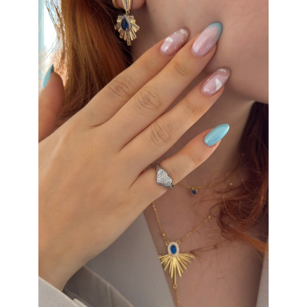 Silver Taşlı Kalpli Serçe Parmak Yüzük