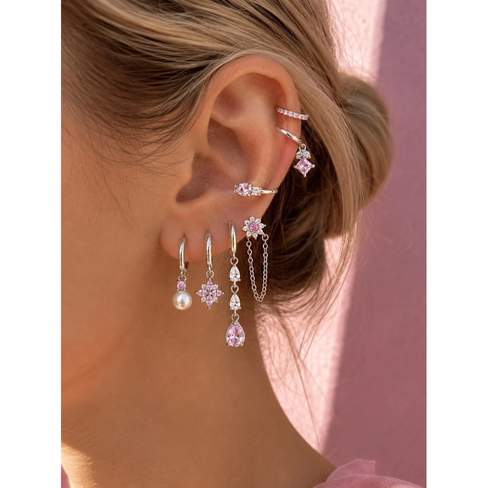 Silver Pembe Çiçek Detaylı 6 Lı Küpe Seti